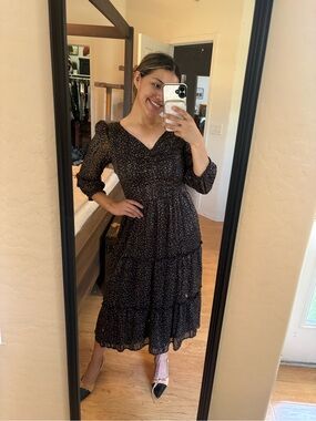 Women's Black Floral Tiered Midi Dress
